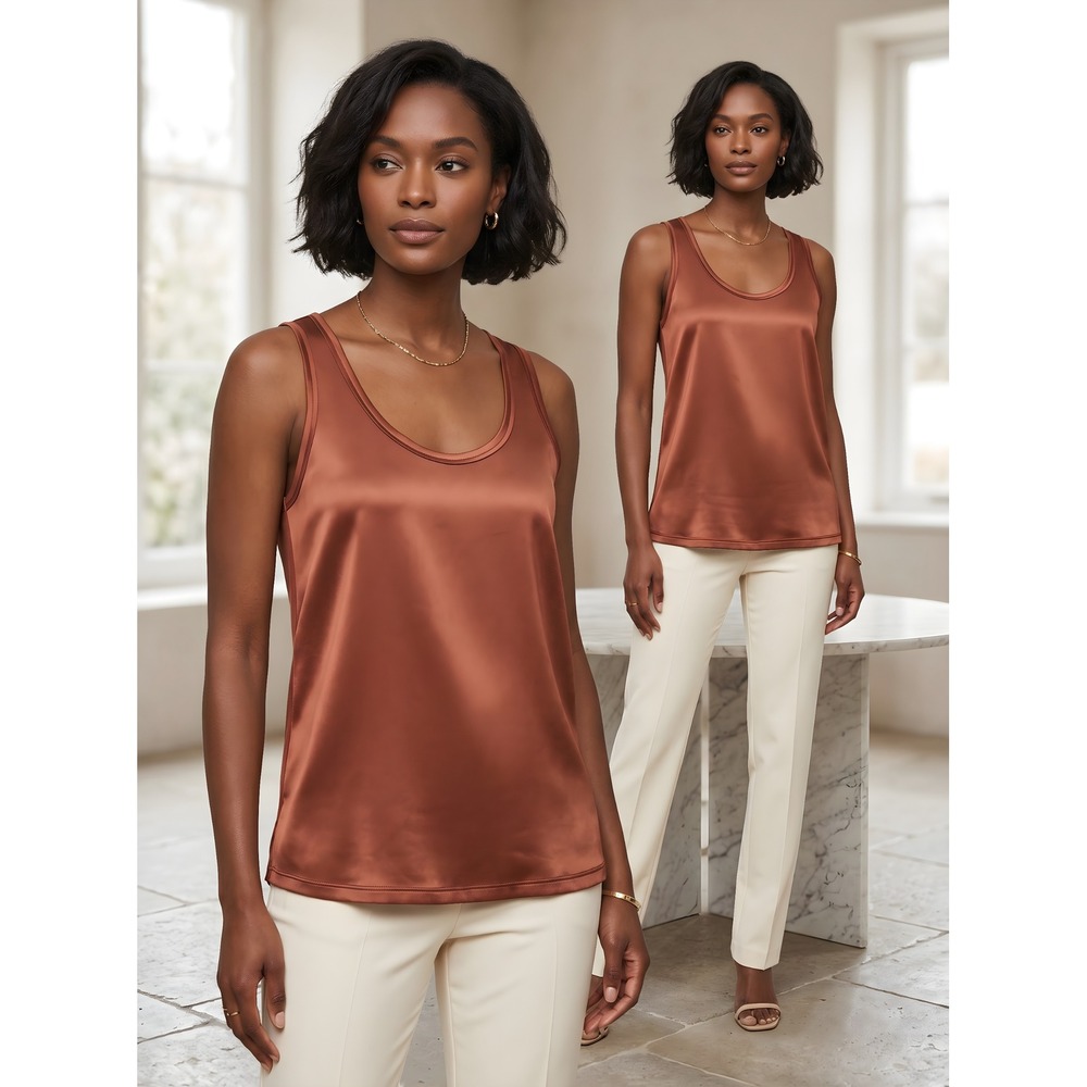 REISS Silk Blend Scoop Neck Tank Top Copper Brown Rust Orange Minimalist Size M